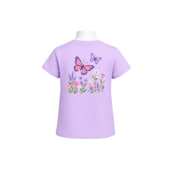 Lavender girls’ T-shirt with colourful butterflies and flowers