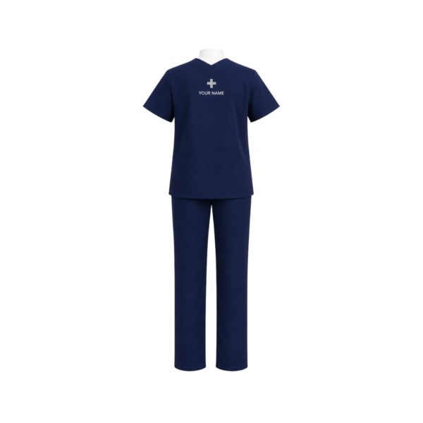 Custom navy blue medical scrub uniform with name and three front pockets