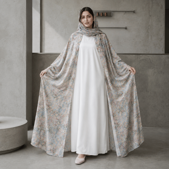 Women's floral printed open abaya with white inner dress