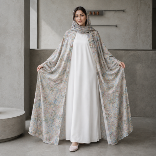 Women's floral printed open abaya with white inner dress