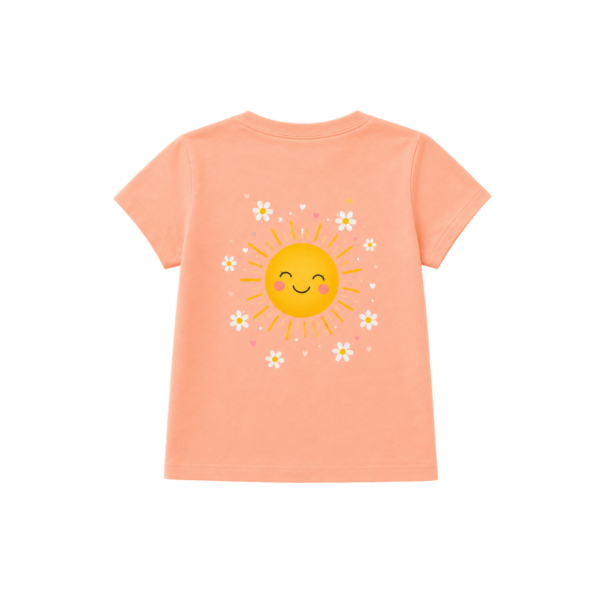 Peach girls’ T-shirt with smiling sun, daisies and hearts