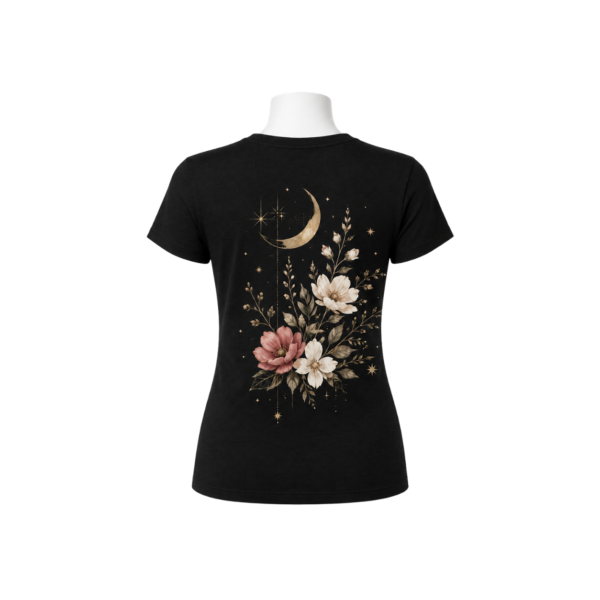 Floral crescent moon women’s T-shirt in black front view