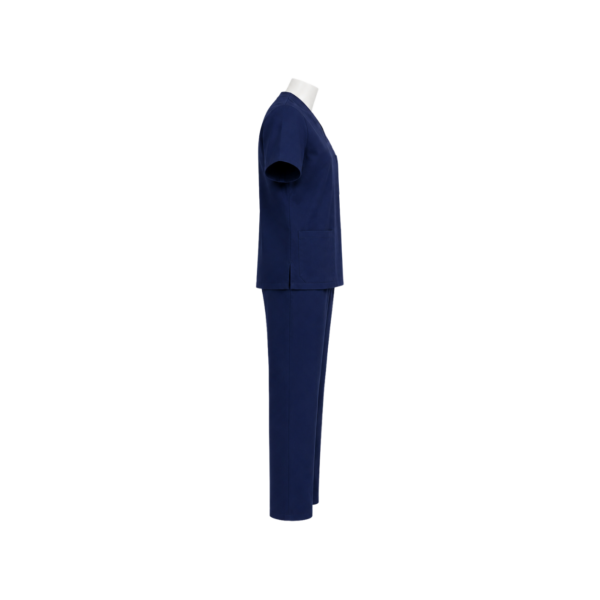 Custom navy blue medical scrub uniform with name and three front pockets