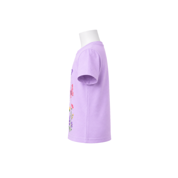 Lavender girls’ T-shirt with colourful butterflies and flowers