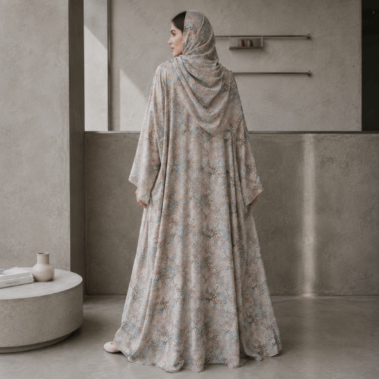 Women's floral printed open abaya with white inner dress