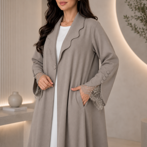 Women's elegant grey open front abaya dress