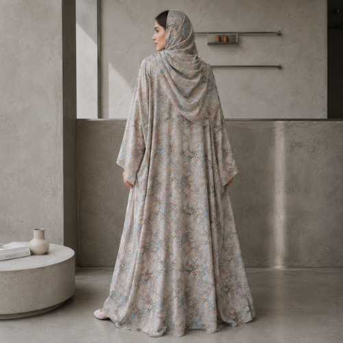 Women's floral printed open abaya with white inner dress