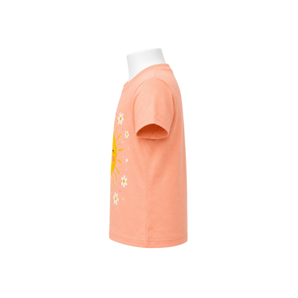 Peach girls’ T-shirt with smiling sun, daisies and hearts