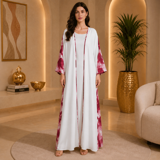 Women's white and burgundy tie-dye printed abaya