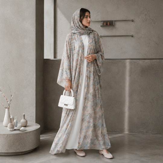 Women's floral printed open abaya with white inner dress