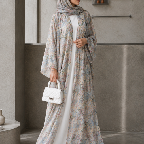 Women's floral printed open abaya with white inner dress