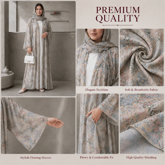 Women's floral printed open abaya with white inner dress