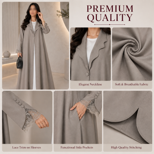 Women's elegant grey open front abaya dress