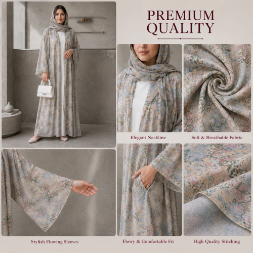 Women's floral printed open abaya with white inner dress