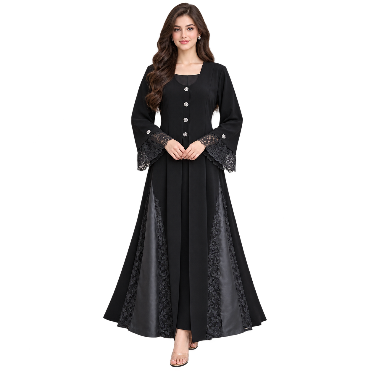 Maxis Brand premium black lace panel flared abaya for women