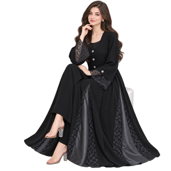 Maxis Brand premium black lace panel flared abaya for women