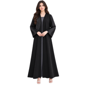 Maxis Brand black striped abaya for women with flowing flared design