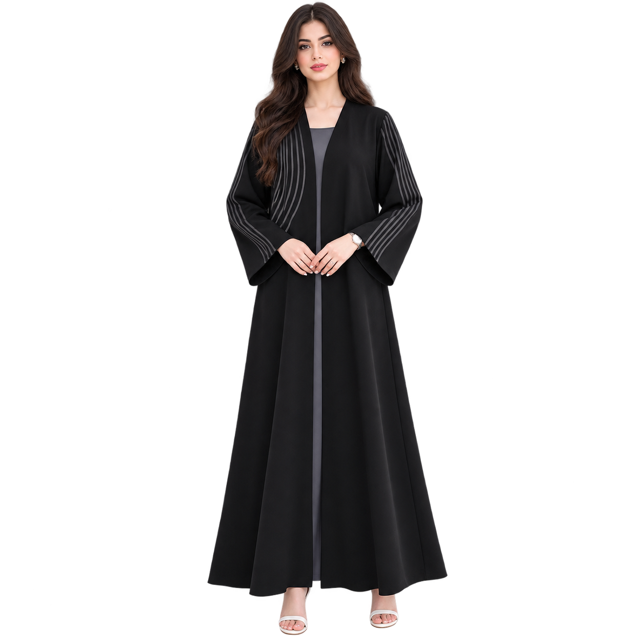 Maxis Brand black striped abaya for women with flowing flared design