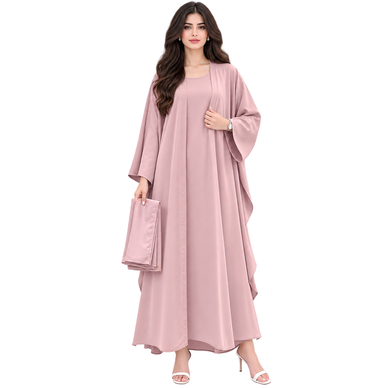 Maxis Brand dusty pink flowing abaya for women with wide sleeves