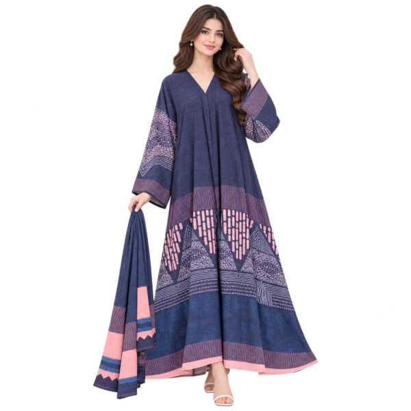Maxis Brand navy blue printed abaya with matching scarf