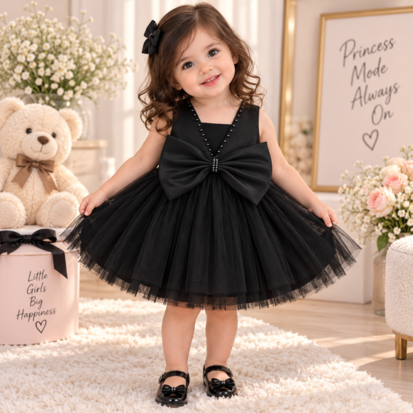 Girls’ black tulle party dress with oversized bow