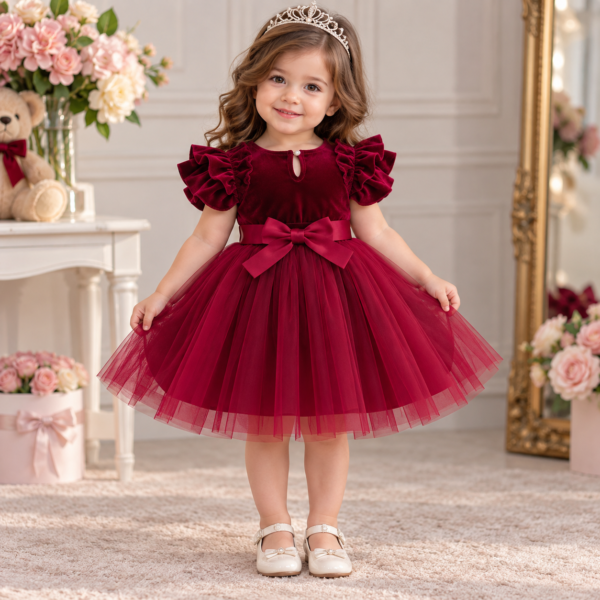 Burgundy red ruffle sleeve girls party dress with bow by Maxis Brand