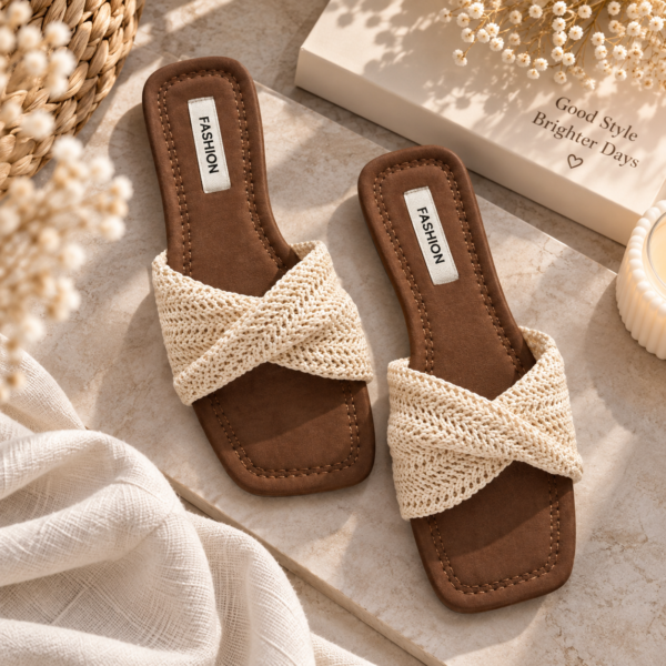 Women’s beige woven cross-strap flat sandals with brown footbed