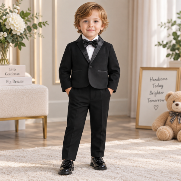 Black tuxedo suit set with bow tie for boys by Maxis Brand
