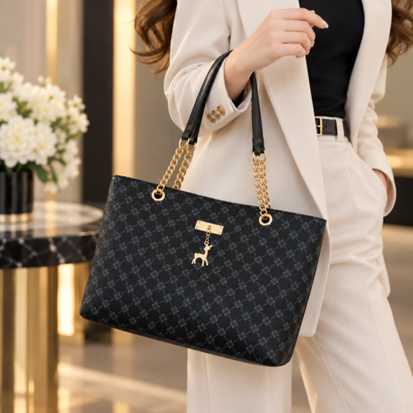 Black monogram tote bag with gold chain handles and deer charm by Maxis Brand