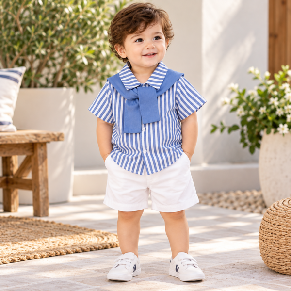 Blue and white sailor collar boys shirt and shorts set by Maxis Brand