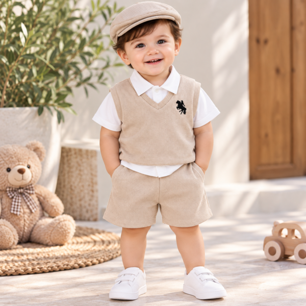 Beige vest shirt and shorts set with cap for boys by Maxis Brand