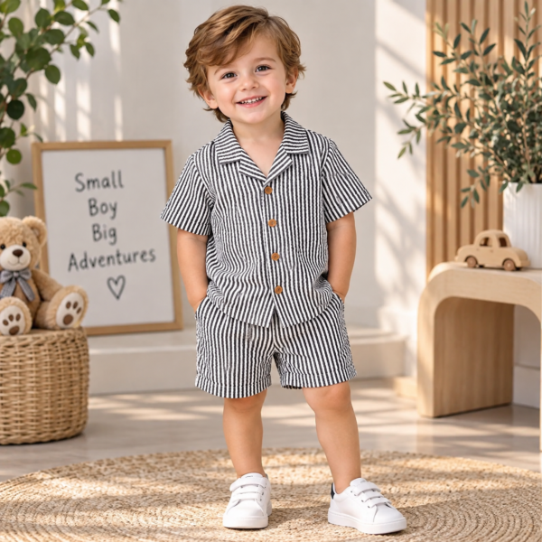 Black and white striped boys shirt and shorts set by Maxis Brand