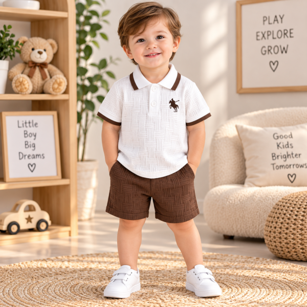 White and brown textured boys polo shirt and shorts set by Maxis Brand