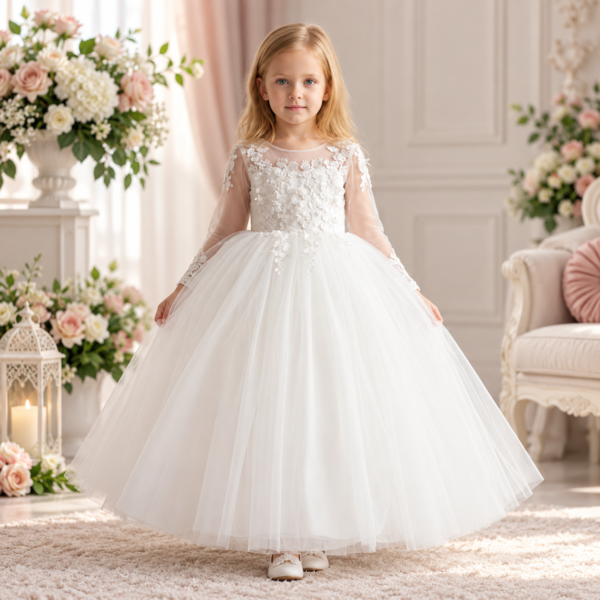 White floral embroidered tulle party dress for girls by Maxis Brand