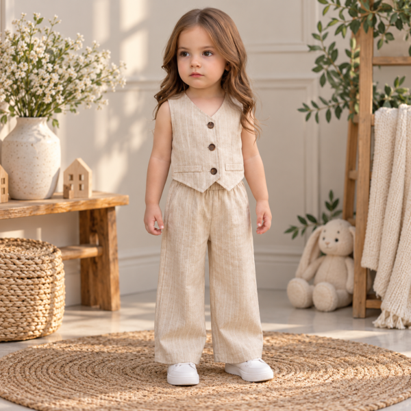 Beige girls waistcoat and wide-leg pants set by Maxis Brand