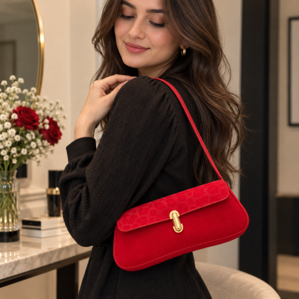 Red shoulder bag with gold-tone clasp and long strap by Maxis Brand