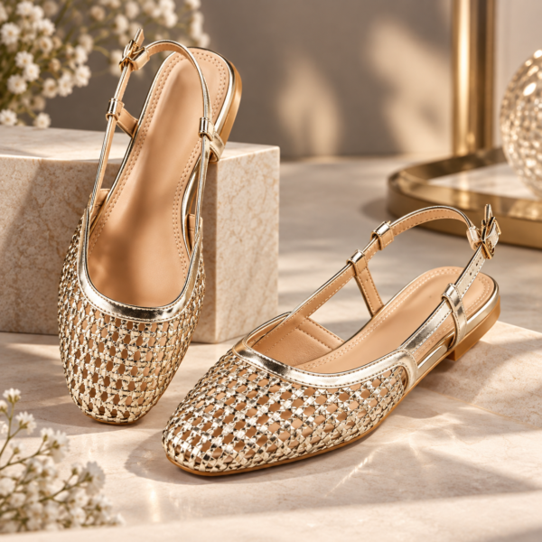 Women’s gold and beige woven pointed-toe slingback sandals by Maxis Brand