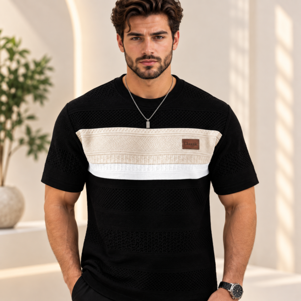 Men’s black textured short sleeve T-shirt with beige and white contrast chest panel