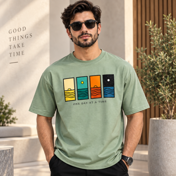 Men’s sage green graphic T-shirt with four-panel sun moon and wave print