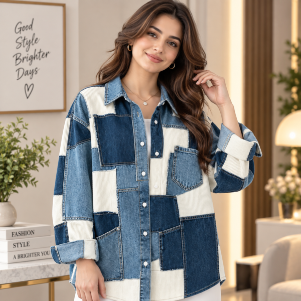 Women’s blue and cream patchwork denim-look non-denim shirt jacket