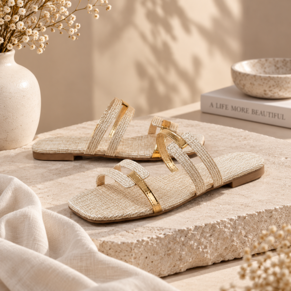 Women’s beige woven flat sandals with gold-tone strap details