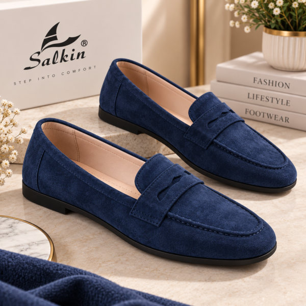 Men’s navy blue suede-look penny loafers with vamp strap detail