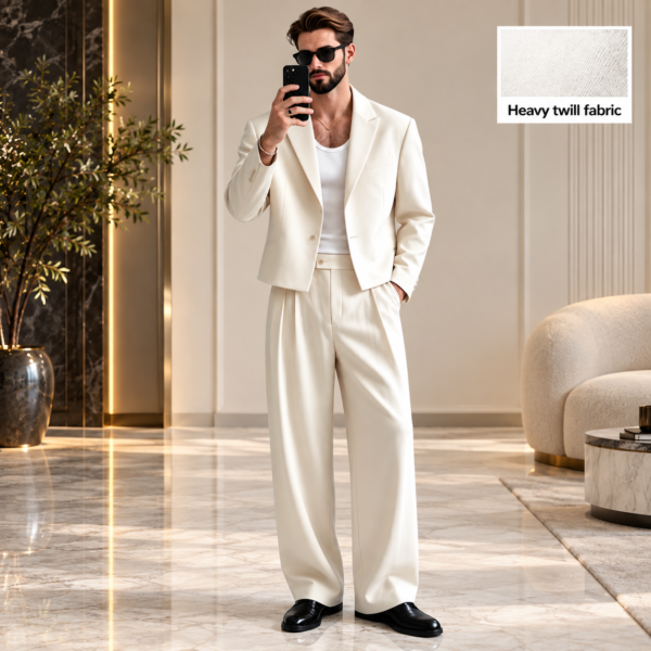 Men’s ivory blazer set with wide-leg trousers