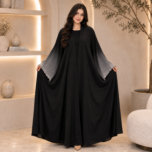 Women’s black open front flared abaya with wide sleeves
