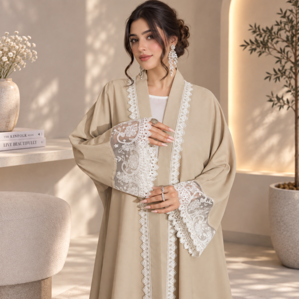 Women’s beige lace trim open front abaya with white lace cuffs