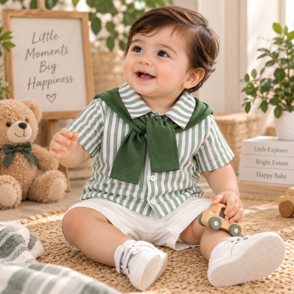 Baby boys’ green and white striped shirt and shorts set