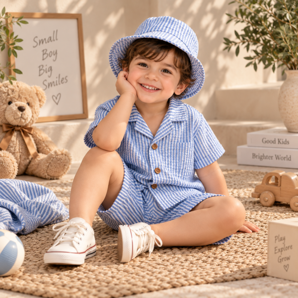 Boys’ blue and white striped shirt and shorts set