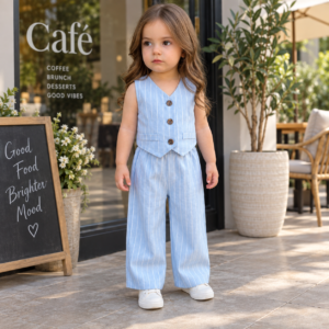 Girls’ light blue striped vest and wide-leg pants set