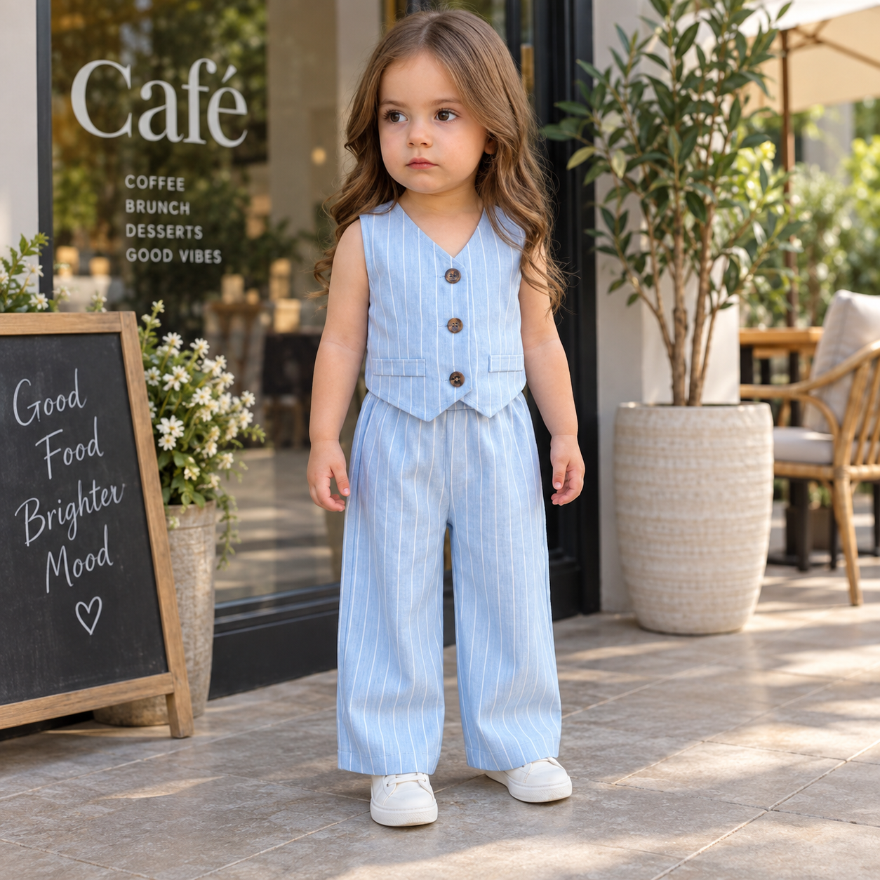 Girls’ light blue striped vest and wide-leg pants set