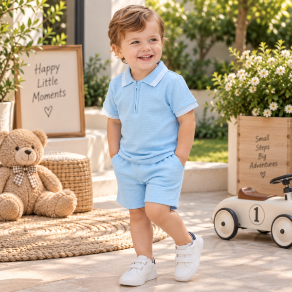 Baby boys’ light blue polo shirt and matching shorts set
